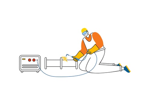 Welding Service Illustration featuring a Professional Welder Working on Metal Structures, Pipes, and Steel Constructions in a Flat Background vector