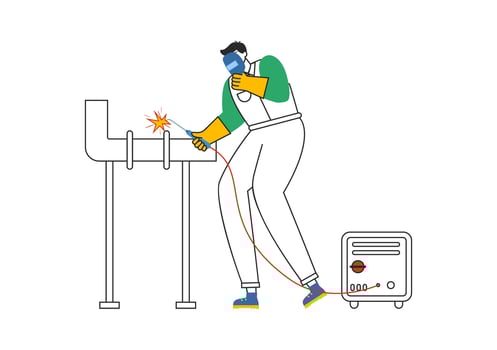 Welding Service Illustration featuring a Professional Welder Working on Metal Structures, Pipes, and Steel Constructions in a Flat Background vector