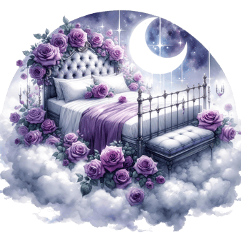 Antique bed amidst watercolor clouds, purple roses, fantasy, fairytale style. png