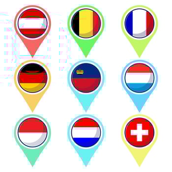 Western European Countries. Flat map element design, travel symbols, landmark symbols, geography and map flags emblem. vector