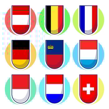 Western European Countries. Cute element design, travel symbols, landmark symbols, geography and map flags emblem. vector
