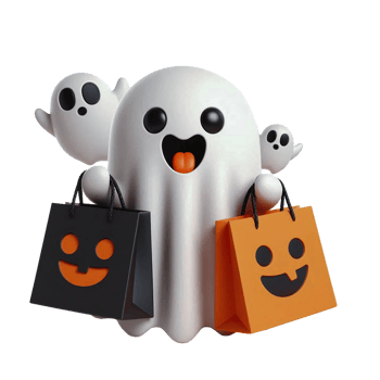 Funny ghost with black and orange paper shopping bags in both hands png