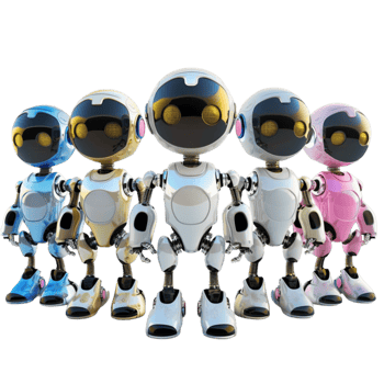 Group of Colorful Robotic Figures Diagonal Formation on Transparent background AI-Generative png