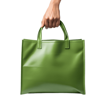 Woman's hand holding a green canvas bag. on transparent background png
