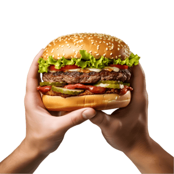 Close up of male hands holding hamburger with beef patty and vegetables on transparent background png
