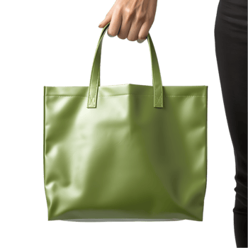 Woman's hand holding a green canvas bag. on transparent background png