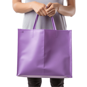 Woman hand holding Purple shopping bag on transparent background png