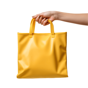 Woman hand holding Yellow shopping bag on transparent background png