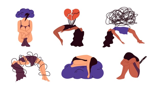 Set of sad and unhappy people experiencing depression and grief. A woman with a mental disorder feeling sorrow, despair, and frustration. Psychology concept vector