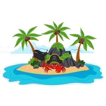 The Island. An uninhabited island with palm trees, crab pirate and rocks. A land in the middle of the ocean. Cartoon illustration in flat style. Kids illustration of an island. vector