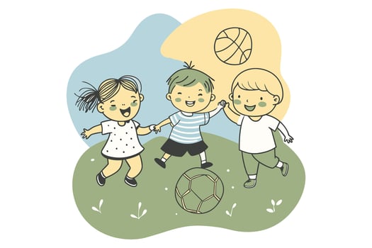 Children play football, happy girls and boys playing soccer on the lawn, at the stadium, on the city site vector