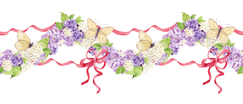 Horizontal seamless border with white and purple lilacs wrapped in pink silk ribbons. Watercolor spring flowers in botanical style. Hand drawing for printing on fabric. png