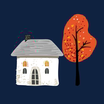 Cartoon village house in a simple minimalist style, yellow leaves on a tree. Night. vector