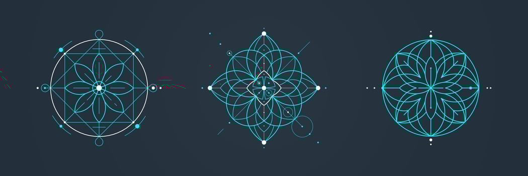 Set of sacred geometry designs with intricate floral motifs, cyan lines on isolated dark background. Unique Design with symmetrical patterns, geometric shapes, modern mystical aesthetic vector