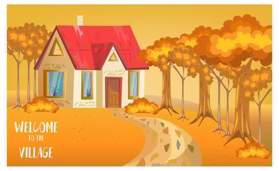 House with Red roof and large windows. background of golden trees, lawn with path. Postcard text Welcome to the Village. illustration vector