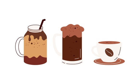Hot and cold coffee beverage logo. Different types of drinks set vector