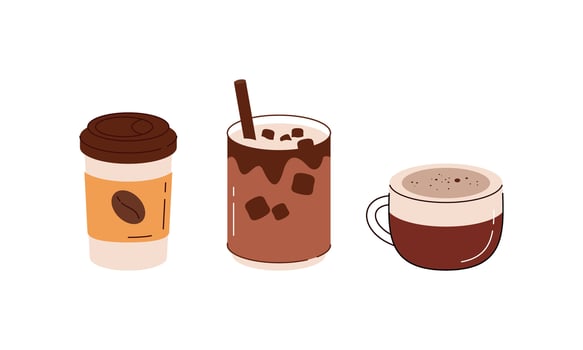 Hot and cold coffee beverage logo. Different types of drinks set vector