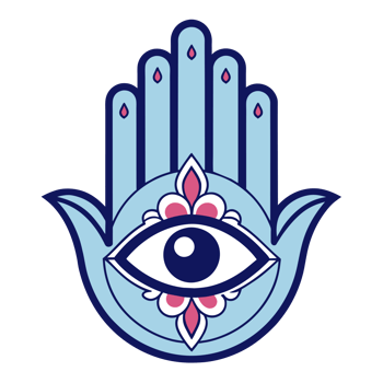 A colorful Hamsa hand design featuring an eye in the middle and symmetrical floral patterns on either side. png
