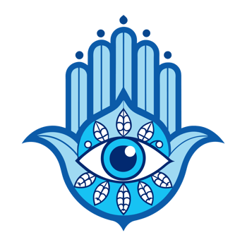 A colorful Hamsa hand design featuring an eye in the middle and symmetrical floral patterns on either side. png