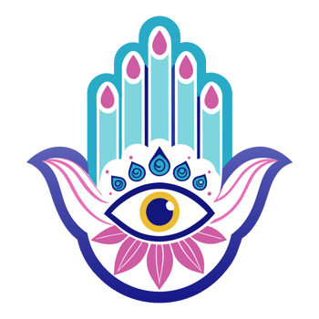 A colorful Hamsa hand design featuring an eye in the middle and symmetrical floral patterns on either side. png
