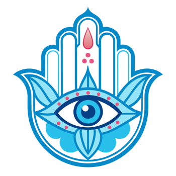 A colorful Hamsa hand design featuring an eye in the middle and symmetrical floral patterns on either side. png