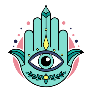 A colorful Hamsa hand design featuring an eye in the middle and symmetrical floral patterns on either side. png
