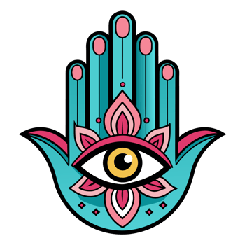 A colorful Hamsa hand design featuring an eye in the middle and symmetrical floral patterns on either side. png