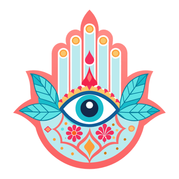 A colorful Hamsa hand design featuring an eye in the middle and symmetrical floral patterns on either side. png