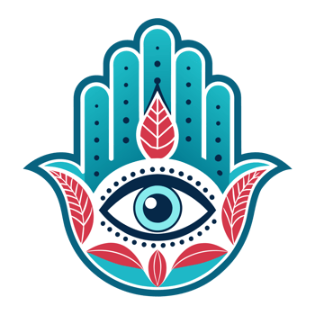 A colorful Hamsa hand design featuring an eye in the middle and symmetrical floral patterns on either side. png