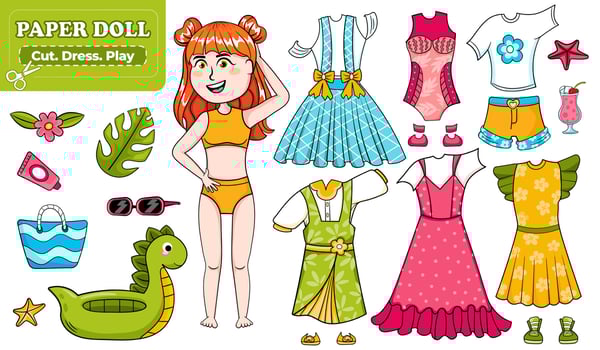 Paper doll Dress Up with summer themed outfits vector