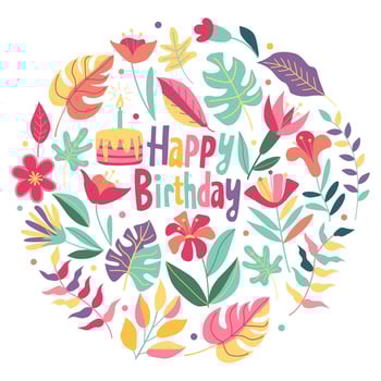 Greeting birthday card with colorful flowers and cake with candle candle. Round composition. Illustration in hand drawn flat style and happy birthday letterin vector