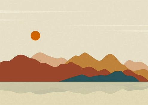 Seaside and mountains landscape illustration poster. Morning 2d panorama near lake. vector