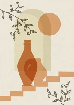 Pottery workshop drawing with vases and branches. Aesthetic 2d illustration with bottle and leaves vector
