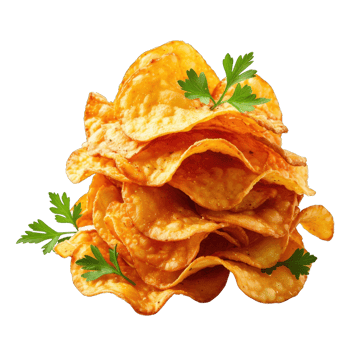 Potato crispy Chips stack with Coriander leaves isolated on transparent background cut out png