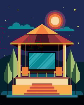 A beautiful pavilion featuring a large outdoor screen for movie nights powered entirely by solar energy.. illustration. vector