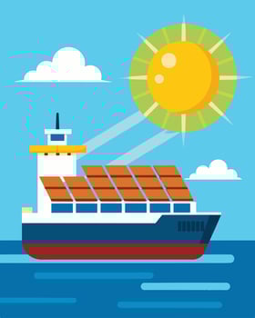 A bright sunny day at sea with the solarpowered cargo ship chugging along its panels glistening in the sunlight and powering the ship forward.. illustration. vector
