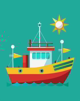 A colorful fishing boat with numerous solar panels attached sparkling in the sunlight as it cruises through turquoise waters.. illustration. vector