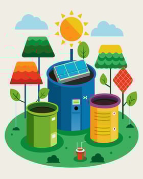A gardenlike oasis with colorful bins labeled for different types of materials all powered by solar panels lining the perimeter.. illustration. vector
