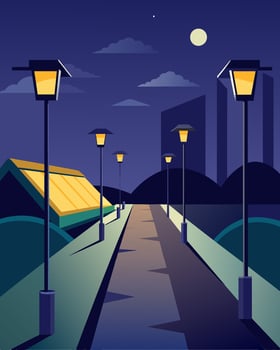As dusk falls the centers outdoor pathway lights turn on powered by the solar panels on the nearby building.. illustration. vector