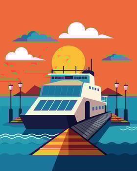 As the ferry approaches the port the solar panels fold down soaking up the last rays of sunlight before docking and transferring passengers.. illustration. vector