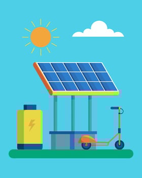 As the solar panel perched on the rental stations roof absorbs the suns rays it fuels a steady stream of electric scooters charging them up for the day ahead.. illustration. vector