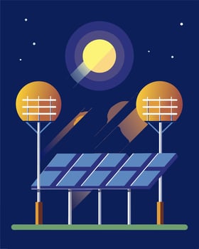 As the sun set over the horizon the solar panels collected the last rays of light to power the energyefficient stadium lights providing a sustainable solution to nighttime sports. vector