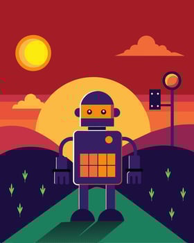 As the sun sets a solar farm robot shuts down for the night its battery fully charged from a day spent tirelessly tilling the soil.. illustration. vector