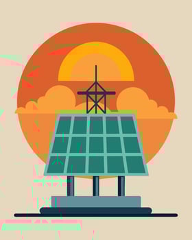As the sun sets behind the rig its panels continue to collect the last rays of sunlight allowing the rig to operate more efficiently even during nondaylight hours.. illustration. vector