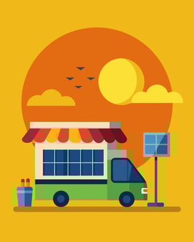 As the sun sets and the solar panels power off for the night the food carts close up shop leaving behind a clean and sustainable street food scene for the next day.. illustration. vector