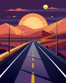As the sun sets over the countryside the solarpowered roadway lights seamlessly switch on casting a warm and inviting glow over the quiet road.. illustration. vector