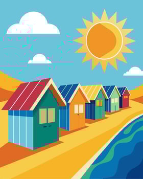 At the heart of the beach a of colorful solarpowered cabins dot the shoreline their solar panels reflecting the golden sun rays and providing a vibrant beach atmosphere.. vector