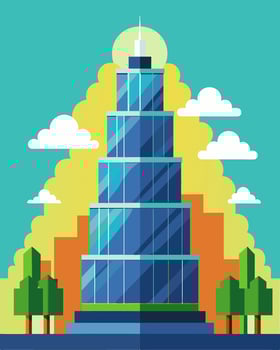At the top of an impressive skyscraper rows of solar panels stand proud powering the building and reducing its carbon footprint.. illustration. vector
