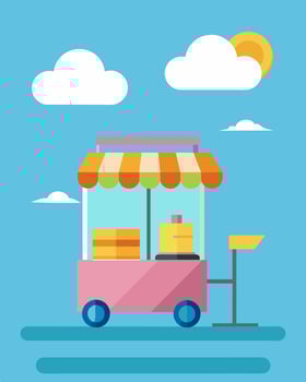 Even on cloudy days the solar panels on the ice cream cart keep the treats chilled and ready to serve.. illustration. vector