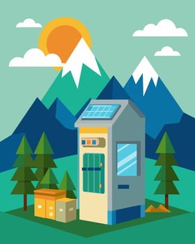 In a small village in the mountains a solarpowered fridge stands outside a community center offering a cool place for villagers to store their produce and perishables.. vector